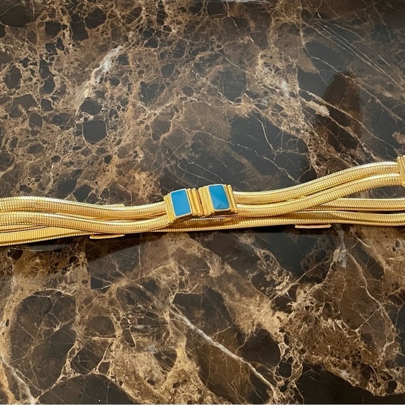 St. John by Marie Gray Knit Sweater Collard Dress With Gold and Blue Belt - Picture 14 of 16